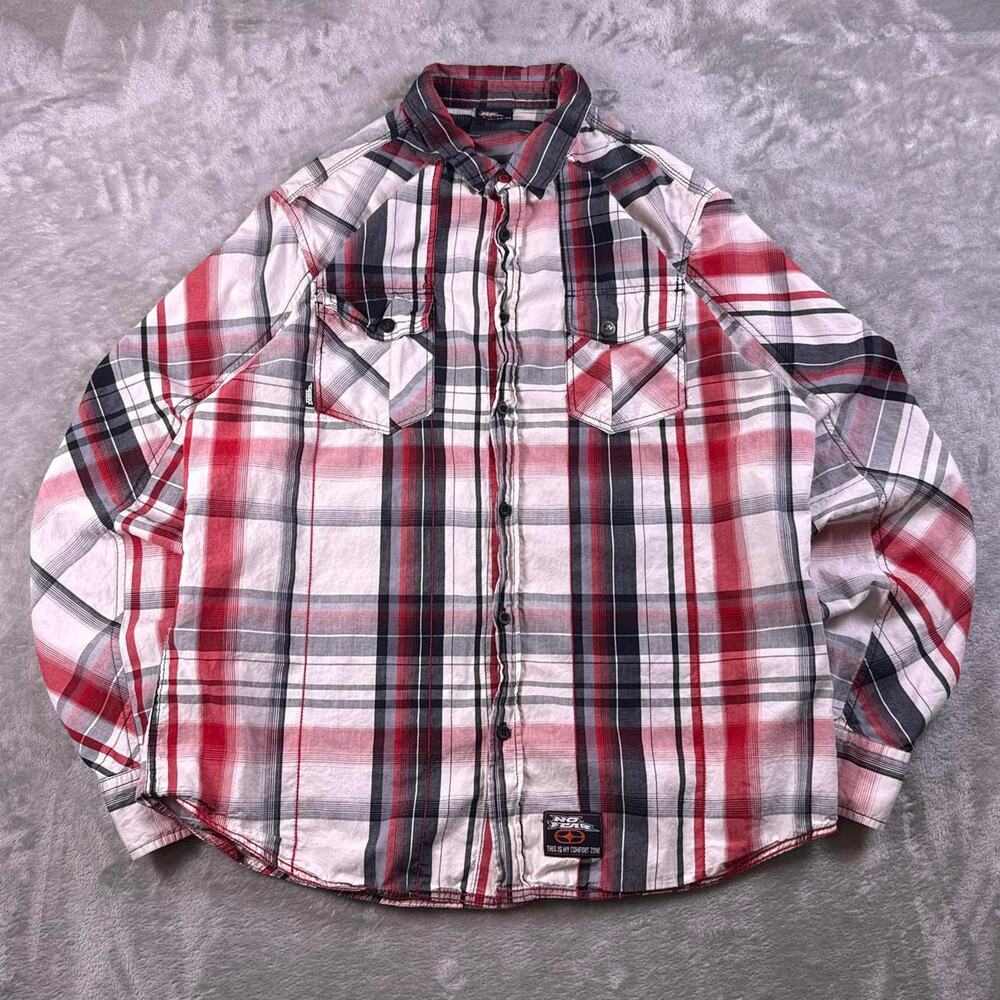 Vintage No Fear Plaid Shirt Men’s XL Red Black White Button Up Y2K